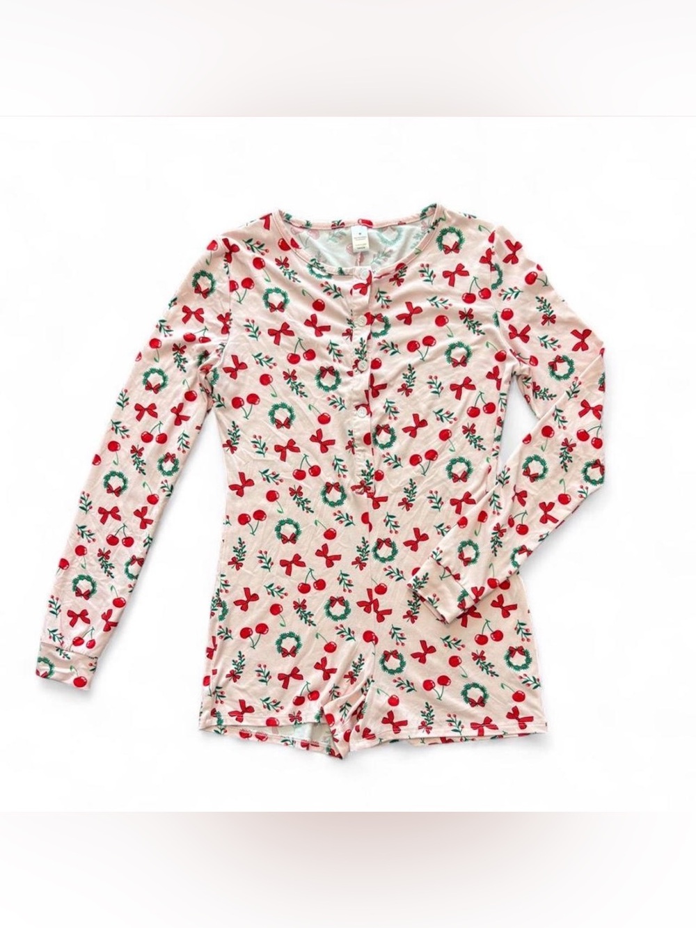 💜$5 BUNDLED- Women's Long-Sleeve Holiday One-Piece Pajama - Pink w/ Red